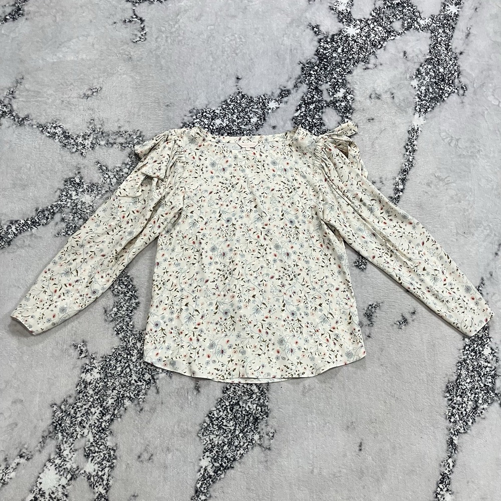 Rebecca Taylor Silk Floral Blouse Womens Size 4 Bow Shoulder Long Sleeve Top